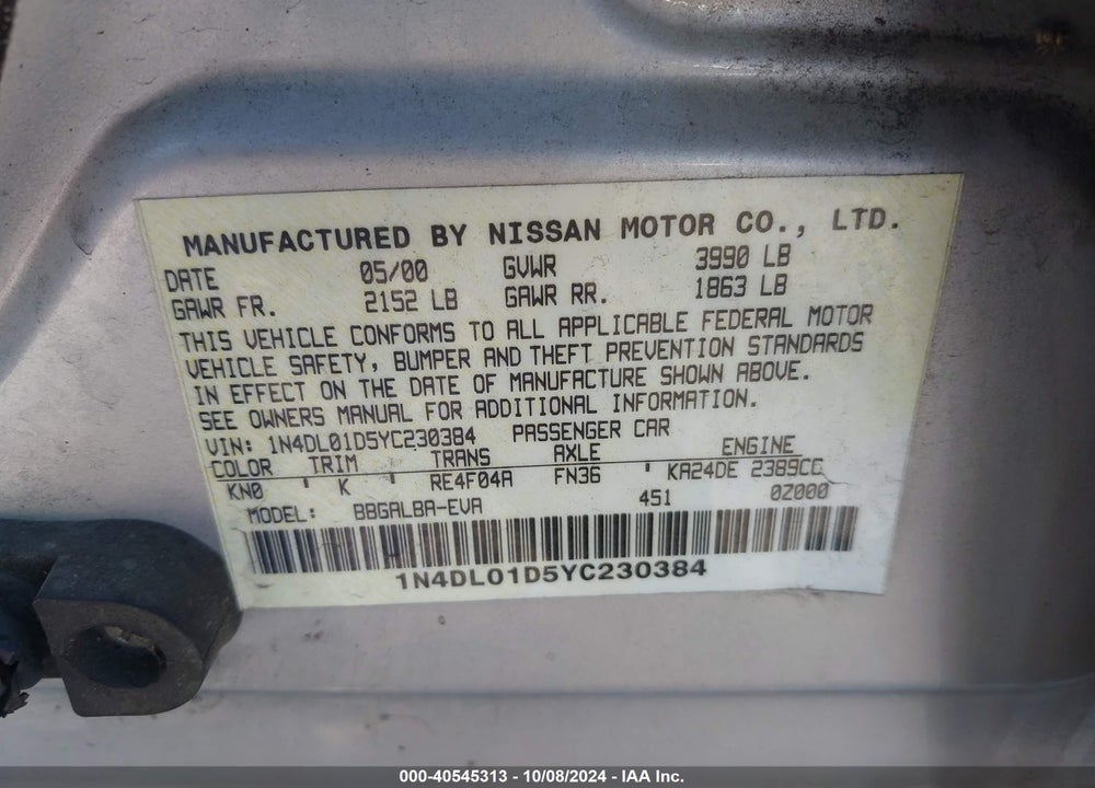 2000 NISSAN ALTIMA GLE/GXE/SE/XE VIN: 1N4DL01D5YC230384