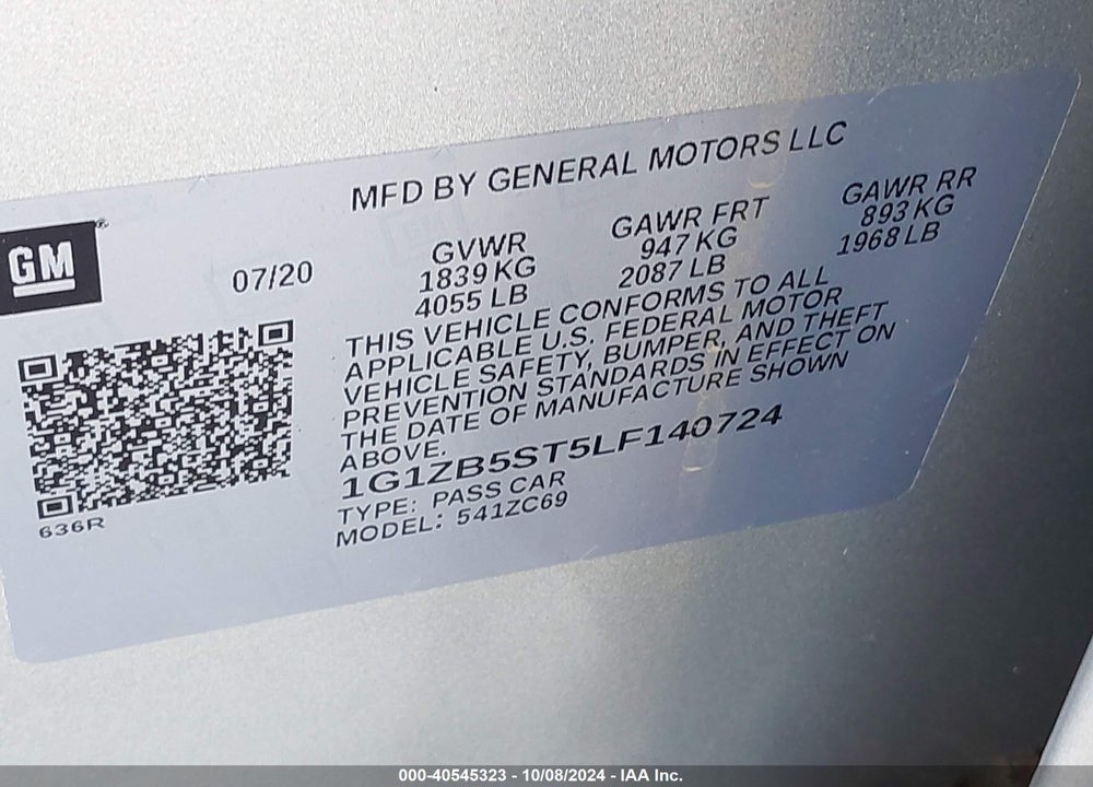 2020 CHEVROLET MALIBU FWD LS VIN: 1G1ZB5ST5LF140724