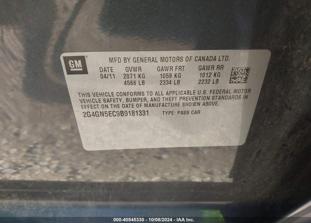 2011 BUICK REGAL CXL OSHAWA VIN: 2G4GN5EC9B9181331