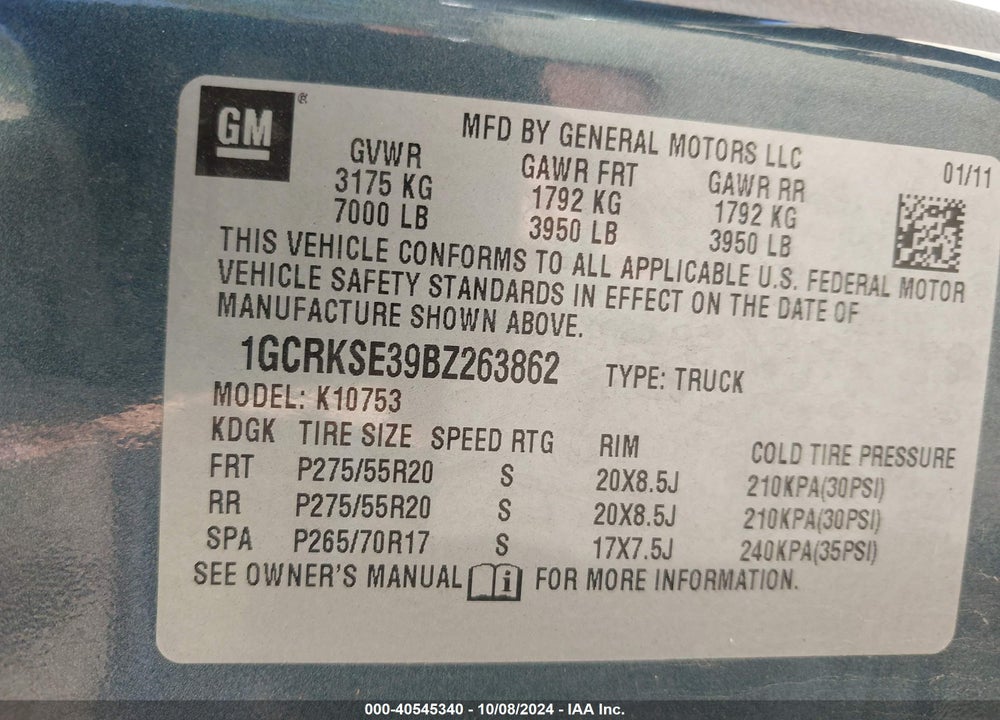 2011 CHEVROLET SILVERADO 1500 LT VIN: 1GCRKSE39BZ263862