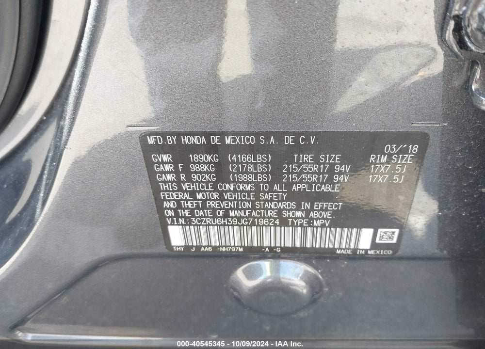 2018 HONDA HR-V LX VIN: 3CZRU6H39JG719624
