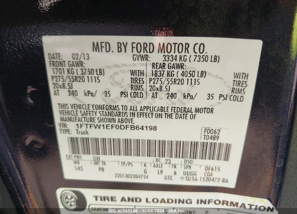 2013 FORD F-150 PLATINUM VIN: 1FTFW1EF0DFB64198