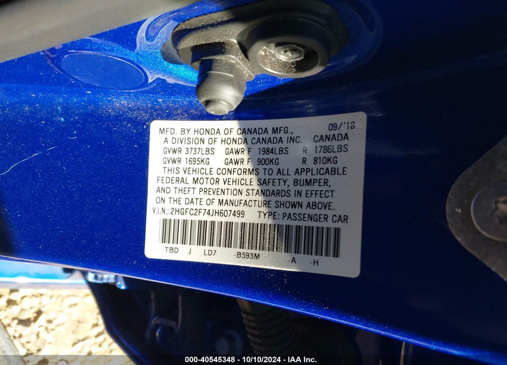 2018 HONDA CIVIC EX VIN: 2HGFC2F74JH607499