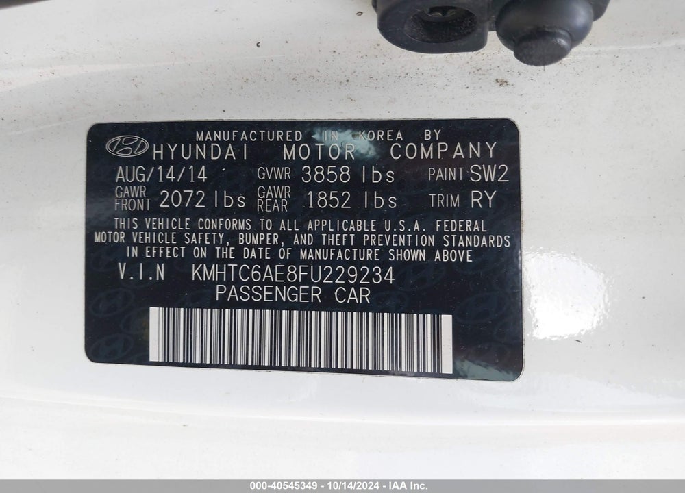 2015 HYUNDAI VELOSTER TURBO VIN: KMHTC6AE8FU229234