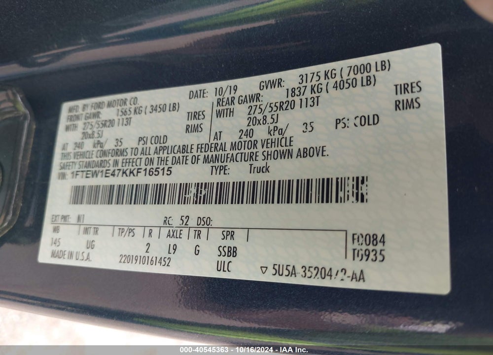 2019 FORD F-150 XLT VIN: 1FTEW1E47KKF16515