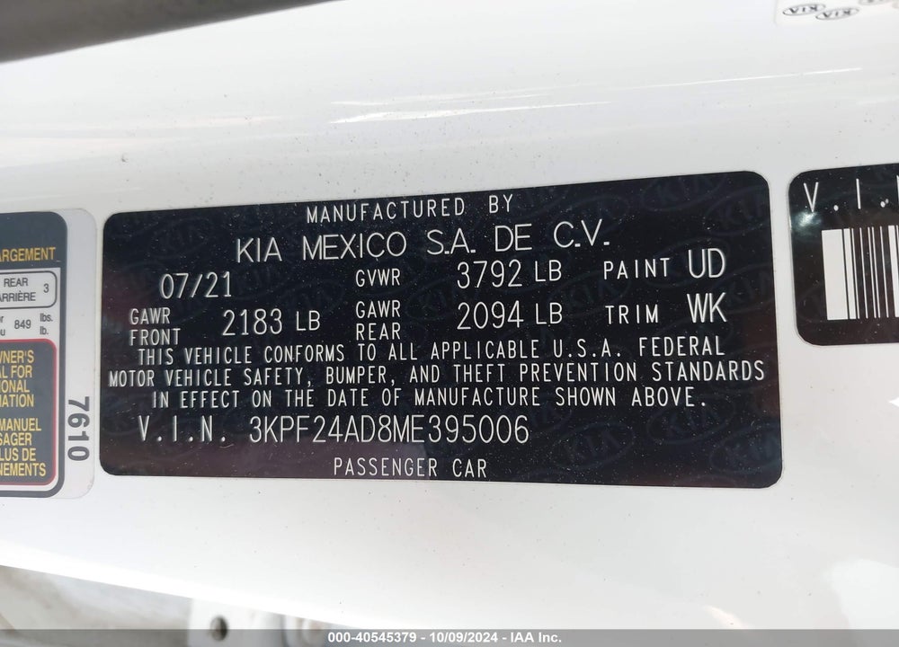 2021 KIA FORTE LXS VIN: 3KPF24AD8ME395006