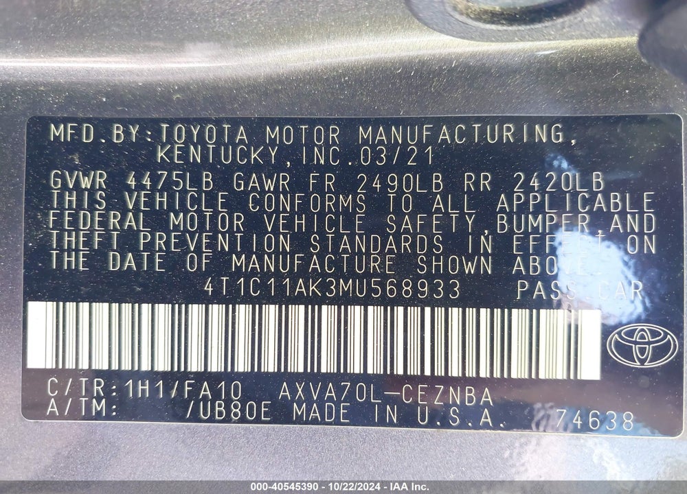 2021 TOYOTA CAMRY LE VIN: 4T1C11AK3MU568933