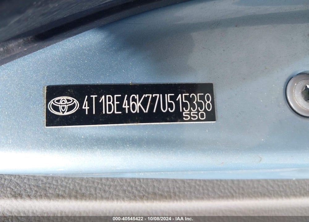 2007 TOYOTA CAMRY LE VIN: 4T1BE46K77U515358