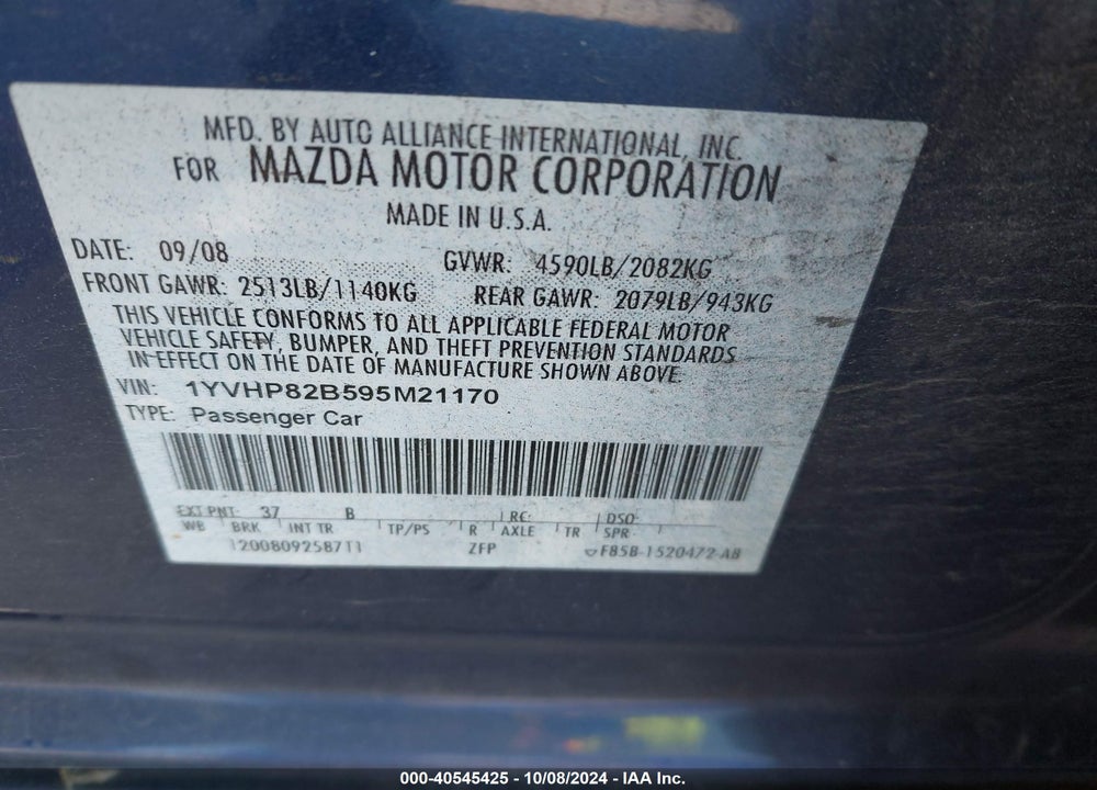 2009 MAZDA 6 S GRAND TOURING VIN: 1YVHP82B595M21170