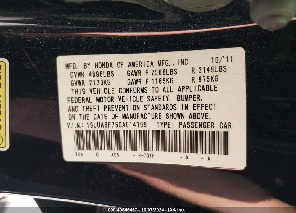 2012 ACURA TL 3.5 VIN: 19UUA8F75CA014199
