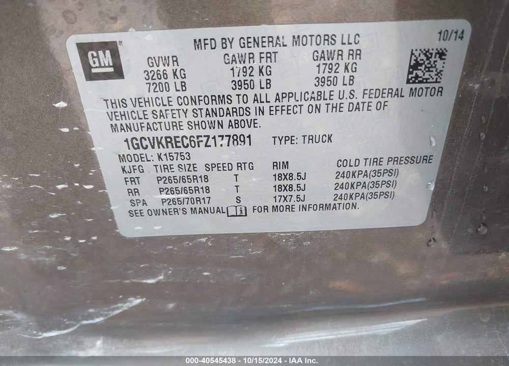 2015 CHEVROLET SILVERADO 1500 2LT VIN: 1GCVKREC6FZ177891