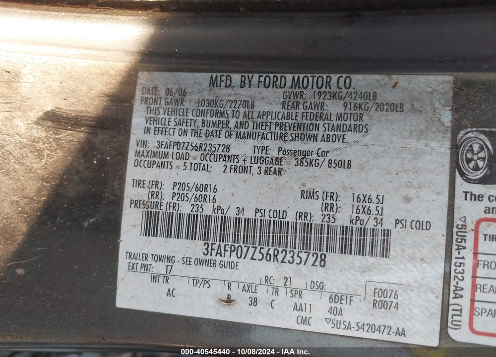 2006 FORD FUSION SE VIN: 3FAFP07Z56R235728