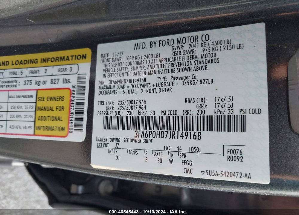 2018 FORD FUSION SE VIN: 3FA6P0HD7JR149168