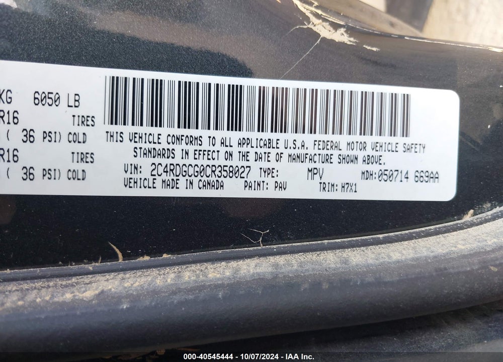 2012 DODGE GRAND CARAVAN SXT VIN: 2C4RDGCG0CR358027