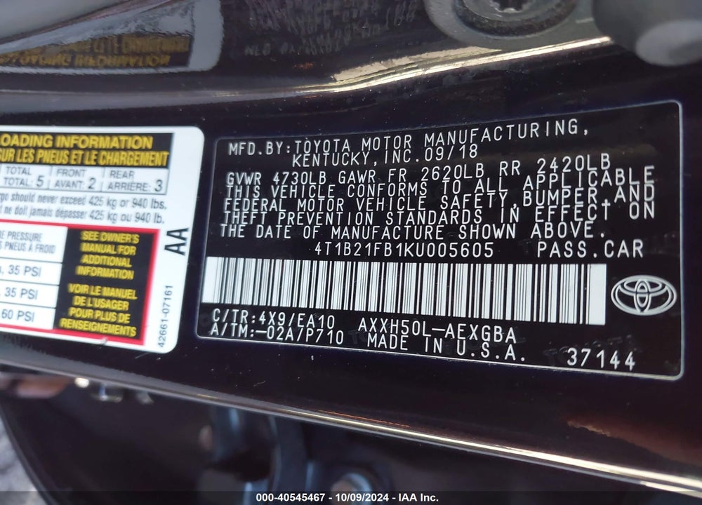2019 TOYOTA AVALON HYBRID XLE VIN: 4T1B21FB1KU005605