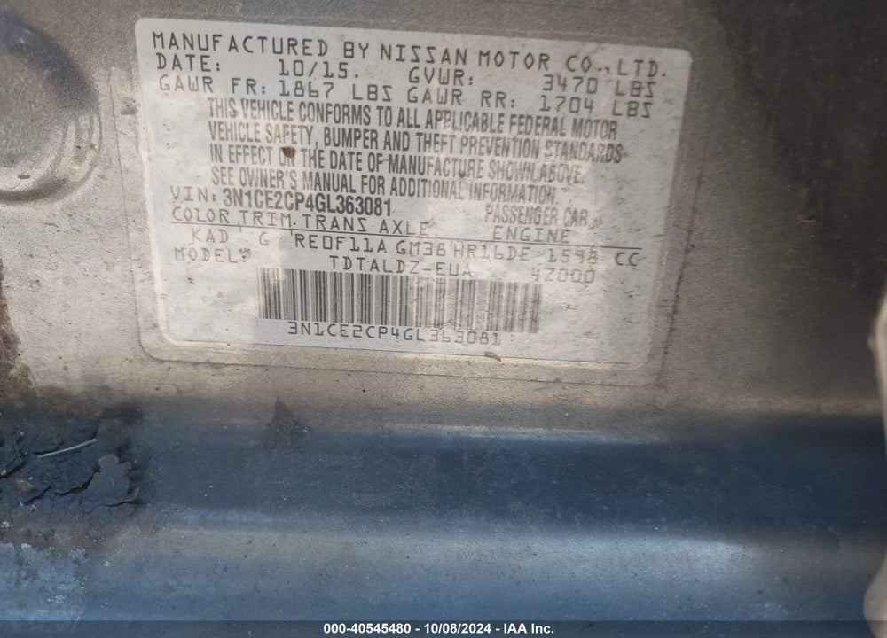2016 NISSAN VERSA NOTE SV VIN: 3N1CE2CP4GL363081