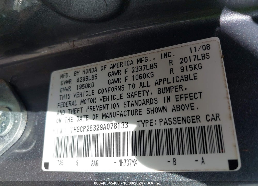 2009 HONDA ACCORD 2.4 LX VIN: 1HGCP26329A078133