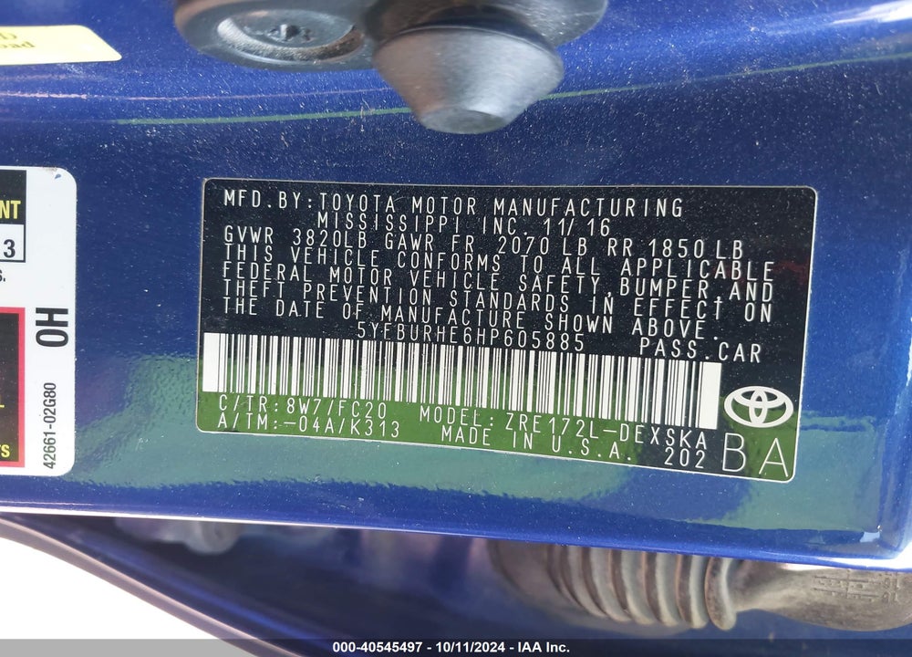 2017 TOYOTA COROLLA SE VIN: 5YFBURHE6HP605885
