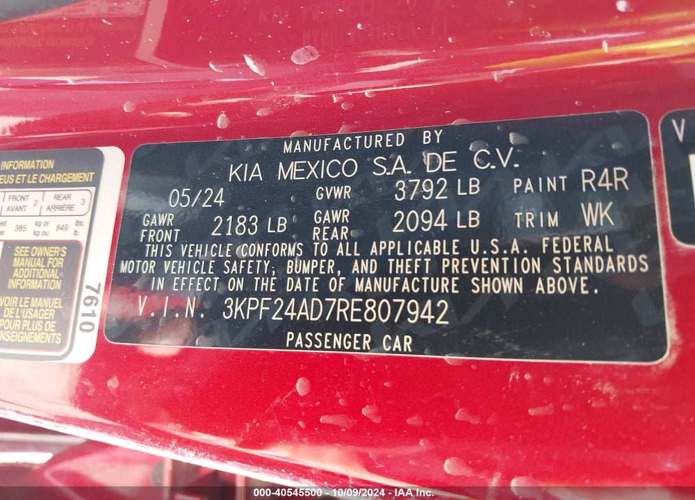 2024 KIA FORTE LXS VIN: 3KPF24AD7RE807942