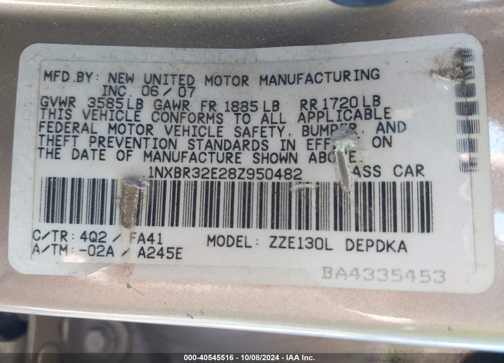 2008 TOYOTA COROLLA CE VIN: 1NXBR32E28Z950482