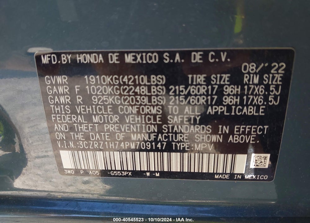 2023 HONDA HR-V 2WD EX-L VIN: 3CZRZ1H74PM709147