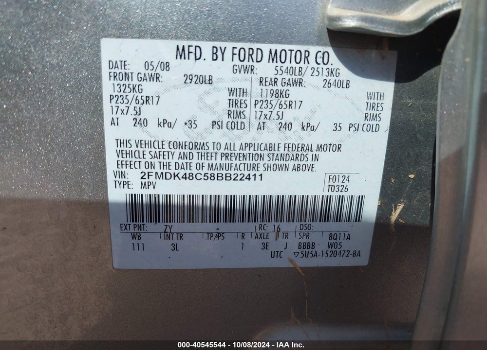 2008 FORD EDGE SEL VIN: 2FMDK48C58BB22411