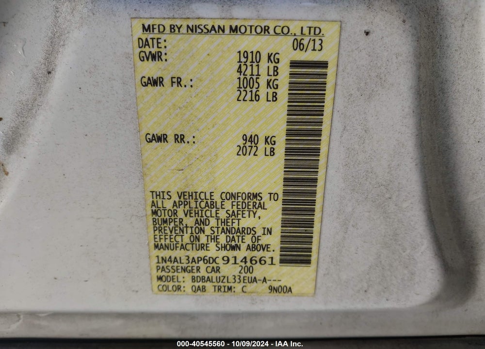 2013 NISSAN ALTIMA 2.5 SV VIN: 1N4AL3AP6DC914661