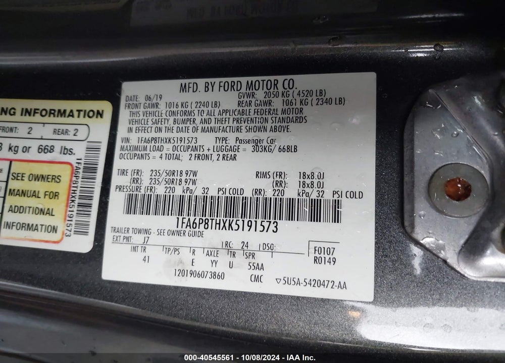 2019 FORD MUSTANG ECOBOOST PREMIUM VIN: 1FA6P8THXK5191573