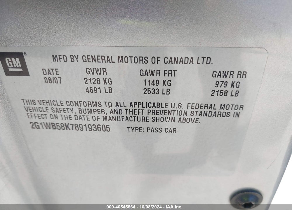 2008 CHEVROLET IMPALA LS VIN: 2G1WB58K789193605