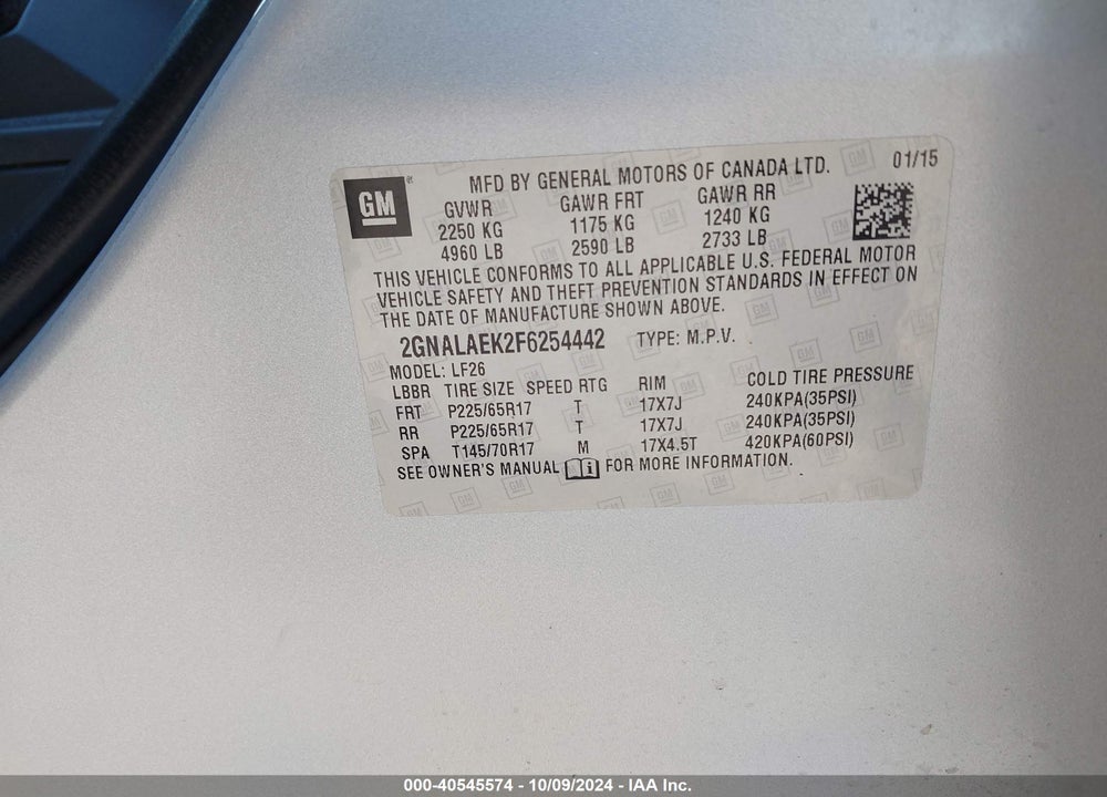 2015 CHEVROLET EQUINOX LS VIN: 2GNALAEK2F6254442