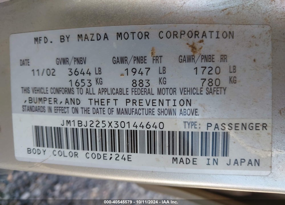 2003 MAZDA PROTEGE DX/ES/LX VIN: JM1BJ225X30144640