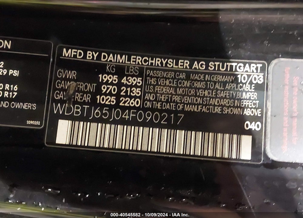 2004 MERCEDES-BENZ CLK 320 VIN: WDBTJ65J04F090217