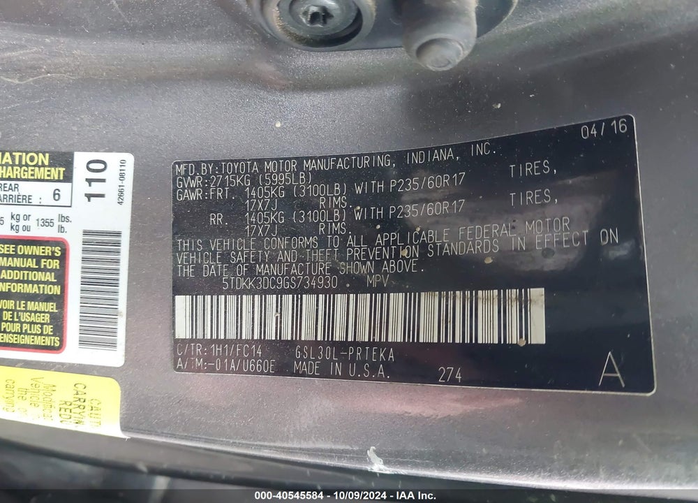 2016 TOYOTA SIENNA LE 8 PASSENGER VIN: 5TDKK3DC9GS734930