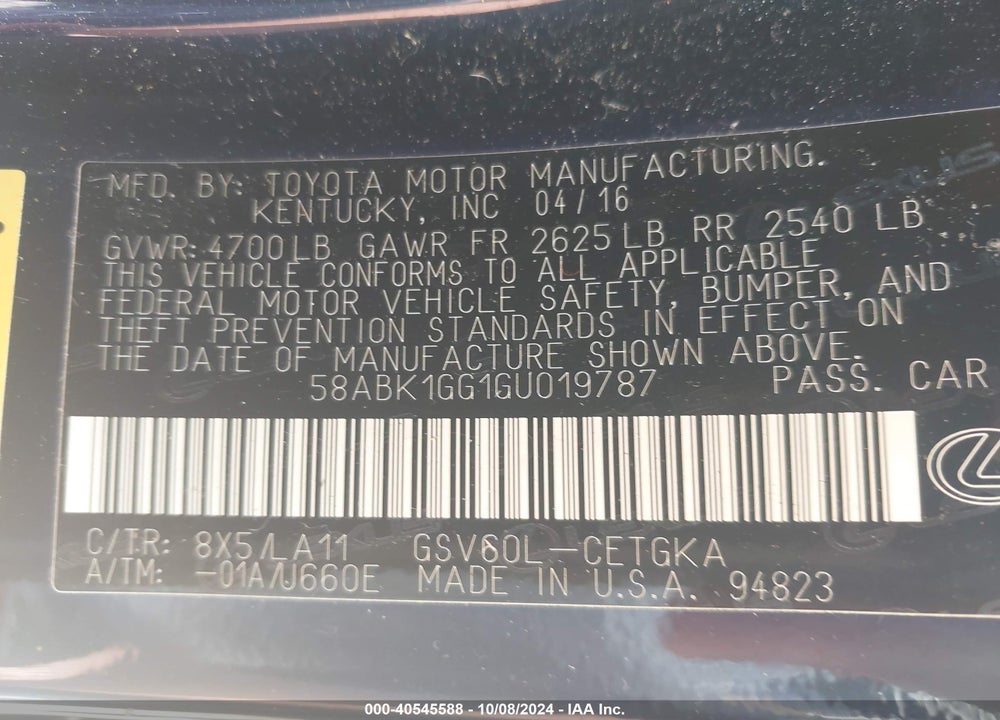 2016 LEXUS ES 350 VIN: 58ABK1GG1GU019787