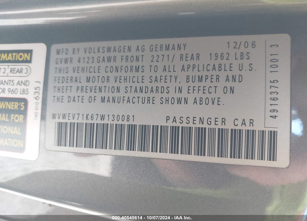 2007 VOLKSWAGEN GTI 2-DOOR VIN: WVWEV71K67W130081