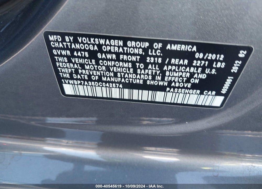 2013 VOLKSWAGEN PASSAT 2.5L SE VIN: 1VWBP7A35DC042574