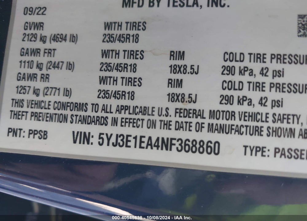 2022 TESLA MODEL 3 REAR-WHEEL DRIVE VIN: 5YJ3E1EA4NF368860