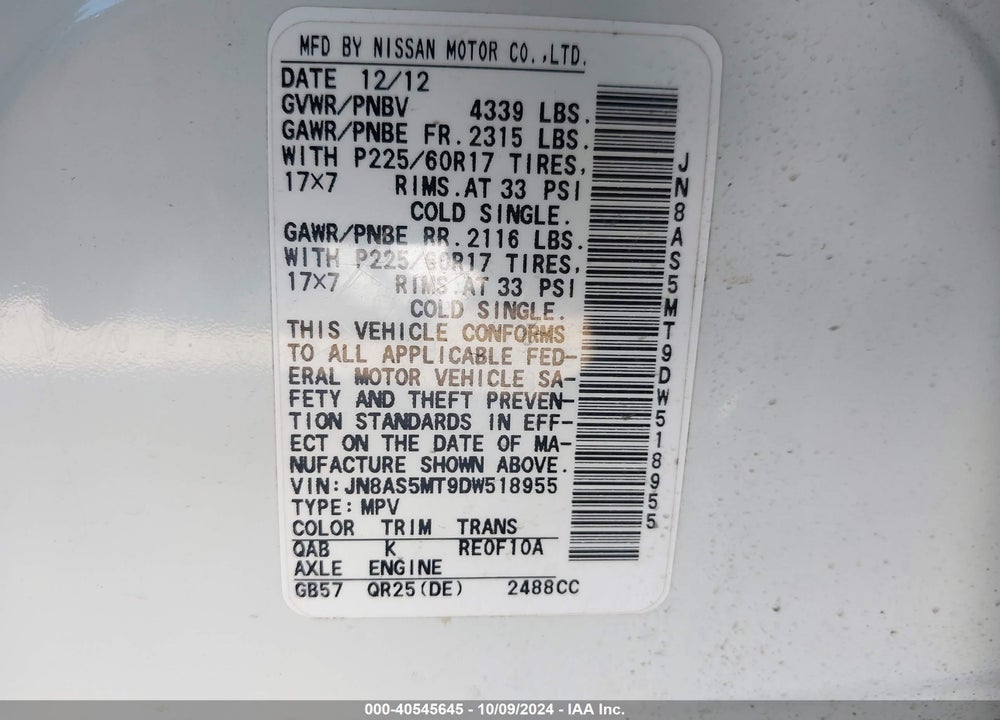 2013 NISSAN ROGUE SV VIN: JN8AS5MT9DW518955