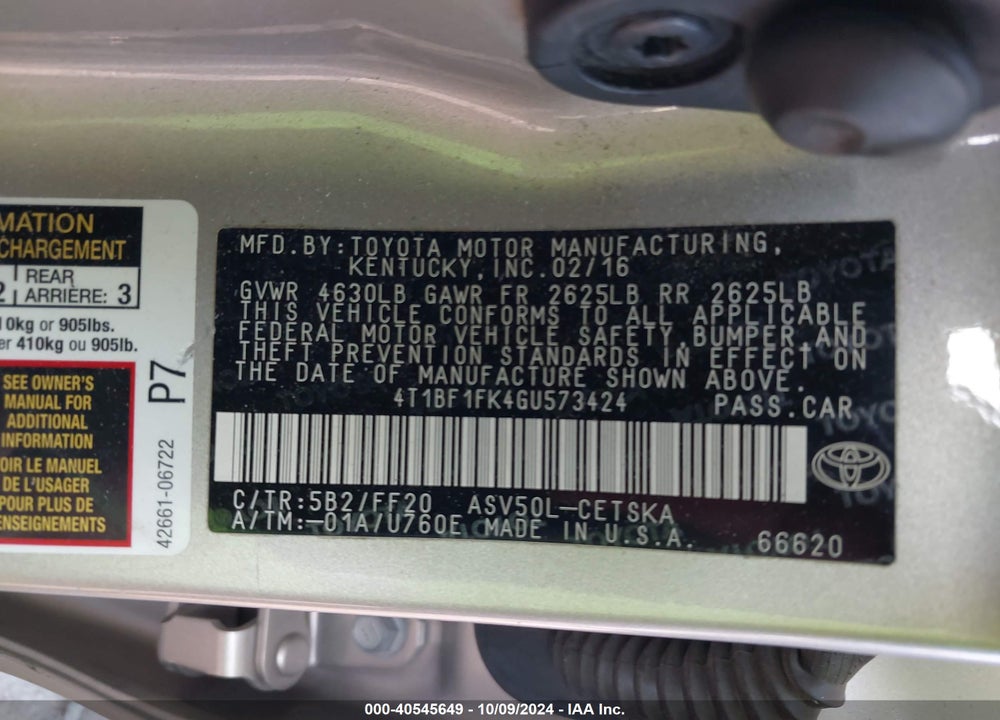 2016 TOYOTA CAMRY SE VIN: 4T1BF1FK4GU573424