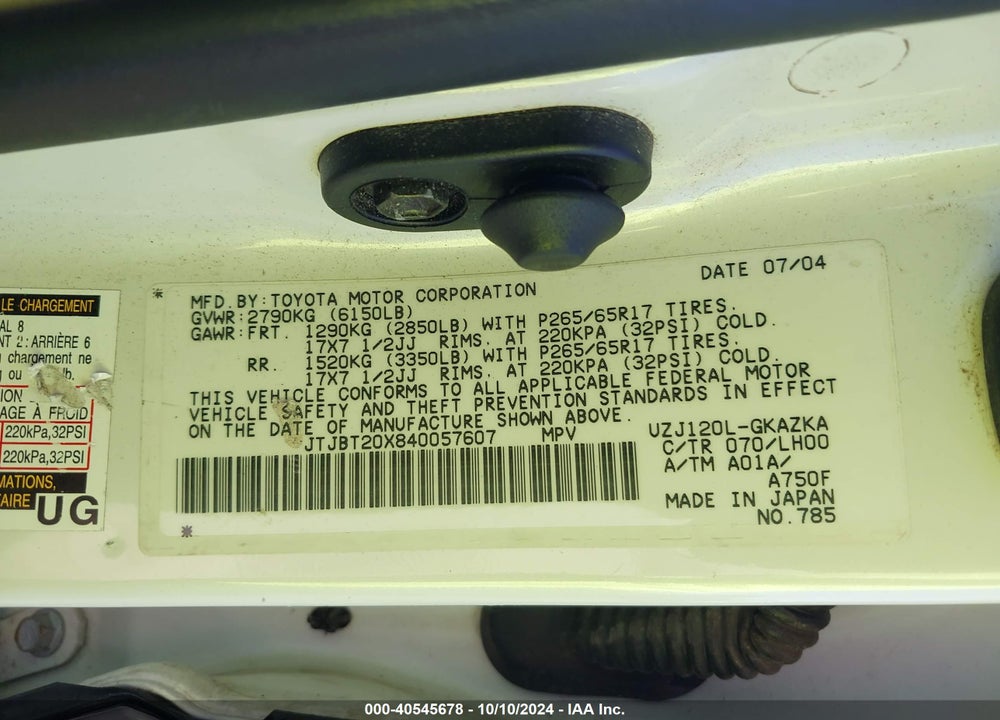 2004 LEXUS GX 470 VIN: JTJBT20X840057607