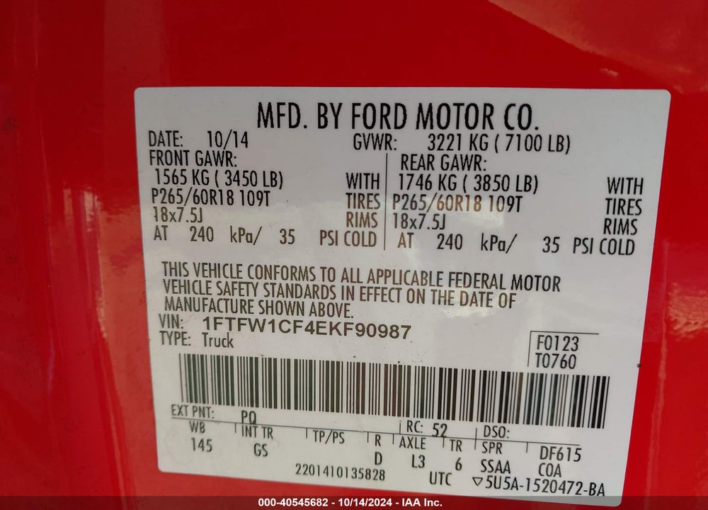 2014 FORD F150 VIN: 1FTFW1CF4EKF90987