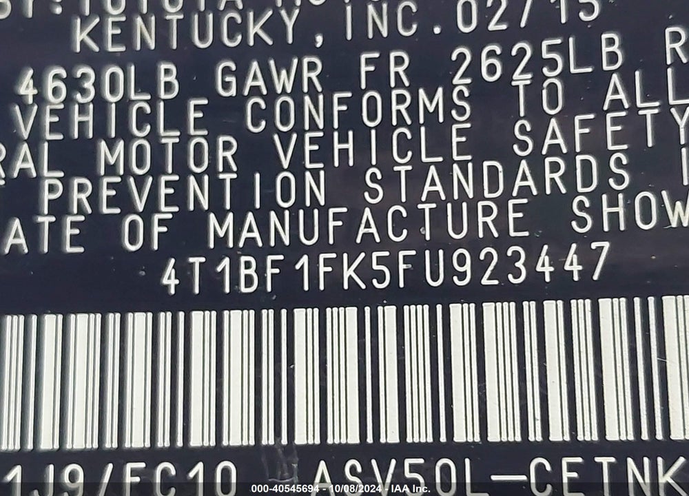 2015 TOYOTA CAMRY VIN: 4T1BF1FK5FU923447