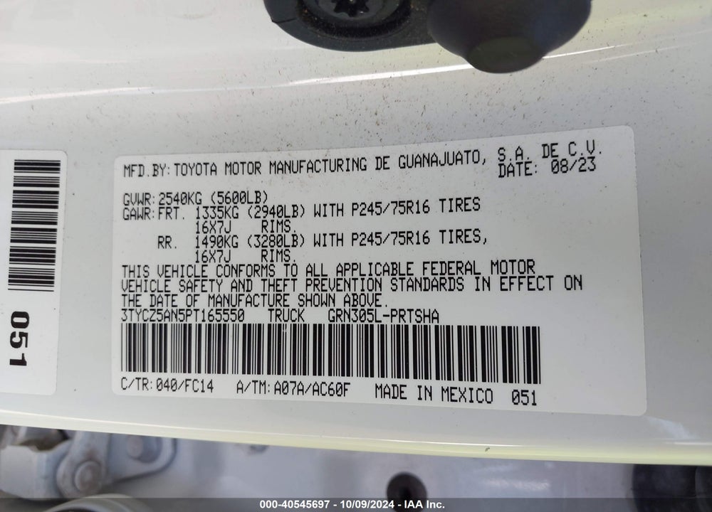 2023 TOYOTA TACOMA SR5 V6 VIN: 3TYCZ5AN5PT165550