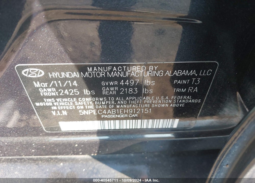 2014 HYUNDAI SONATA LIMITED 2.0T VIN: 5NPEC4AB1EH912151