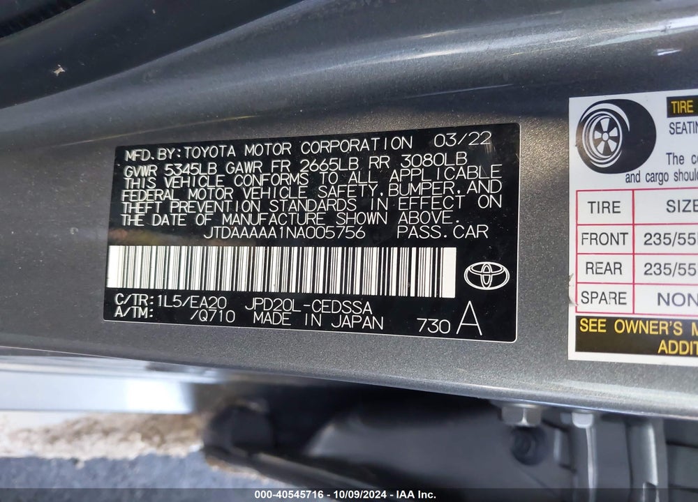 2022 TOYOTA MIRAI XLE VIN: JTDAAAAA1NA005756