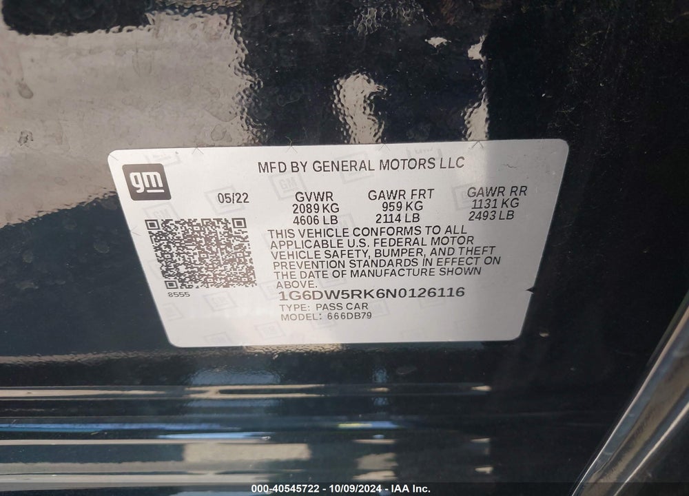 2022 CADILLAC CT5 LUXURY VIN: 1G6DW5RK6N0126116