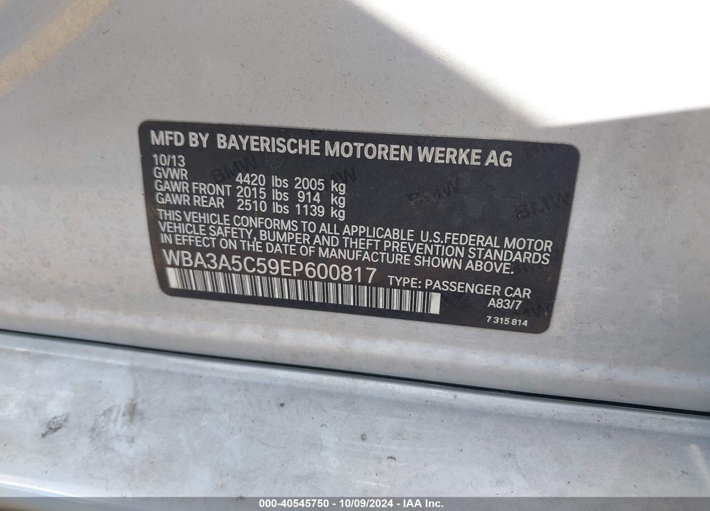 2014 BMW 328I VIN: WBA3A5C59EP600817