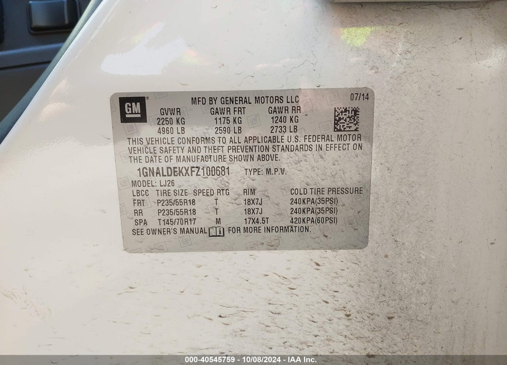 2015 CHEVROLET EQUINOX LTZ VIN: 1GNALDEKXFZ100681