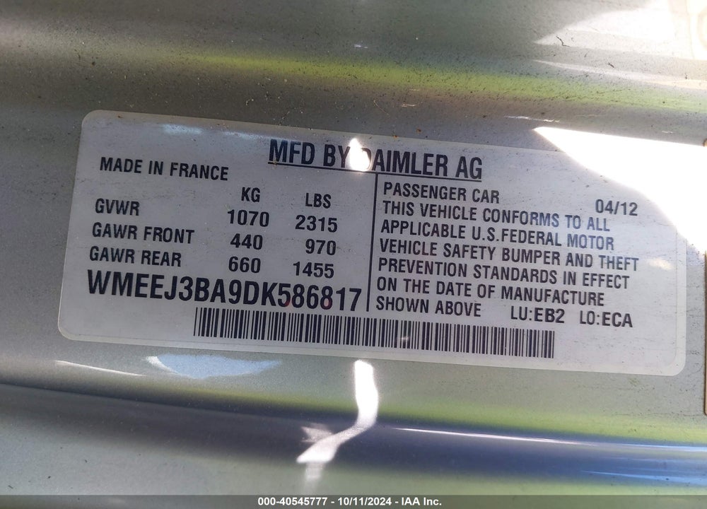 2013 SMART FORTWO PASSION/PURE VIN: WMEEJ3BA9DK586817