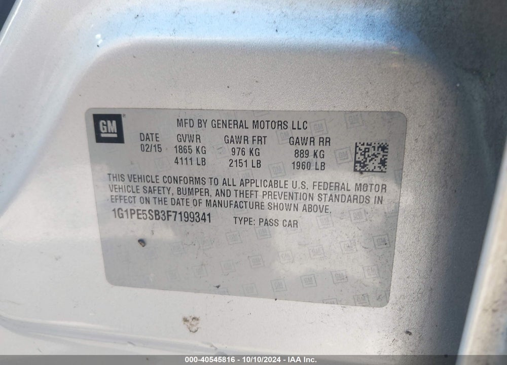 2015 CHEVROLET CRUZE 2LT AUTO VIN: 1G1PE5SB3F7199341